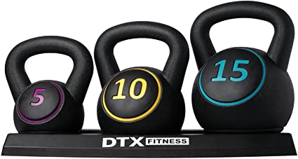 DTX Fitness Kettlebell Weights Set - 5lb (2.3 kg), 10lb (4.5 kg) and 15lb (6.8 kg) Kettlebells and T