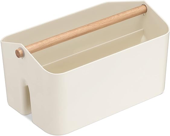 Navaris Organizer Caddy with Wood Handle - Storage Holder with 2 Compartments for Makeup Nursery Desk Bathroom 10.4" x 6.5" x 5.9" - Cream