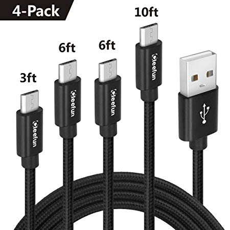 Micro USB Cable [4-Pack, 3ft 6ft 6ft 10ft], Cleefun Nylon Braided High Speed Charger Fast Charging Cord for Samsung Galaxy S6/S7/S4/S3/J5/J7/J3, HTC, Sony, LG, Nexus, Kindle, PS4,Tablet [Black]