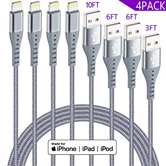 iPhone Charger Lightning Cable XnewCable 4Pack(10ft 6ft 6ft 3ft) Apple MFi Certified Nylon Braided Long Fast USB Cord Compatible for iPhone 11Pro MAX Xs XR X 8 7 6S 6 Plus SE 5S 5C (Dark Gray)
