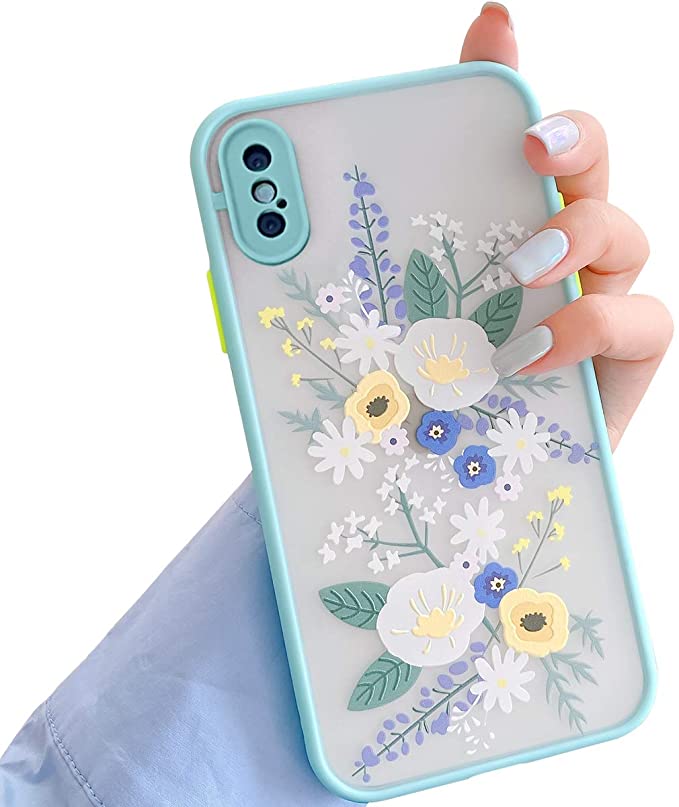 Ownest Compatible with iPhone Xs Max Case for Clear Frosted PC Back Flowers Pattern 3D Floral Girls Woman and Soft TPU Bumper Protective Silicone Slim Shockproof Case for iPhone Xs Max- Blue