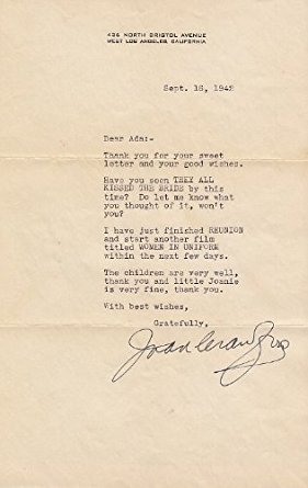 JOAN CRAWFORD signed personal letter on stationary 1942