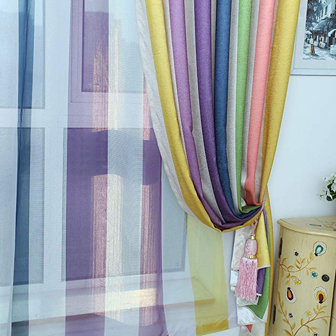 AiFish 2 Panels Colorful Wide Striped Sheer Curtains Rainbow Bedroom Window Curtain Panels Rod Pocket Top Gauzy Tulle Voile Drapes Curtain Set for Living Room Pack of 2 W52 x L63 inch