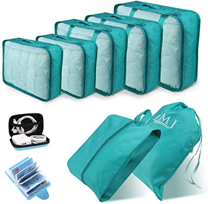DIMJ Packing Cubes for Travel, 9 Pcs Travel Cubes Set Foldable Suitcase Organizer Lightweight Luggage Storage Bag 5 Colors Options (Blue)
