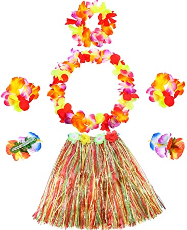 Gejoy Hula Grass Skirt Flower Bracelets Headband Necklace Hibiscus Hair Clip