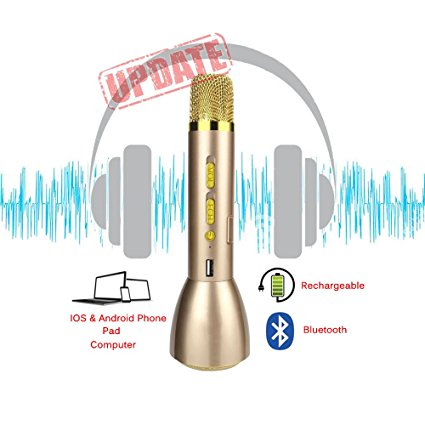 Updated Wireless Bluetooth Microphone K088 , for IOS and Android system phone, pad, and pc, can be used as power bank to charge your devices, ideal for Karaoke, Mini KTV Concert, Singing Practice, Meeting and Class, gold