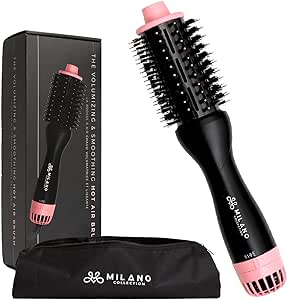 Milano Collection Hot Air Hair Brush Dryer, One Step Hair Blow Dryer Brush for Quick & Easy Styling, Hair Volumizer for Human Hair Wigs & Natural Hair, Lightweight Round-Shaped Barrel Blow Dry Brush