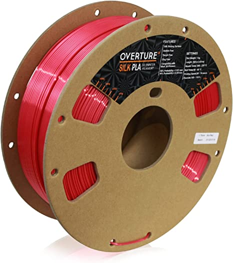 OVERTURE Silk PLA Filament PLA Silk 1.75mm Clog-Free Shiny 3D Printer Consumables, 1kg Spool (2.2lbs),Dimensional Accuracy  /- 0.05mm(Silk Red)