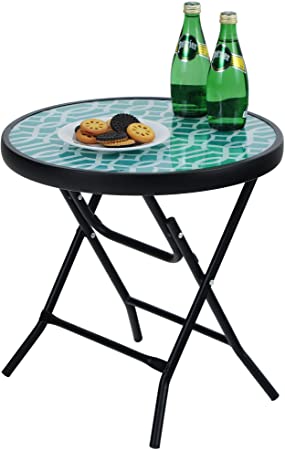 PHI VILLA Folding Side Table, Foldable Coffee Table, Outdoor Garden Table, Small Round Patio Table - Turquoise