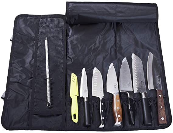 ThinkTop Chef's Knife Roll Bag (13 slots) Holds 7 Knives, 6 Pockets for Utensil or Tasting Spoons, a Plus Mesh Pouch for Tools, Multi-function 2-Layer Knife Carrier Holder With Shoulder Strap