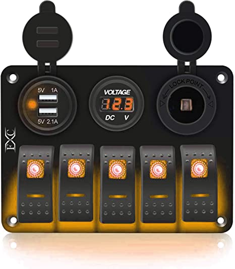 FXC 5 Gang Rocker Switch Aluminum Panel with Dual USB Slot Socket 5V 3.1A   Volt Meter   Cigarette Lighter for Marine Boat Car Rv Vehicles Truck 12-24V Waterproof (5Gang Orange)