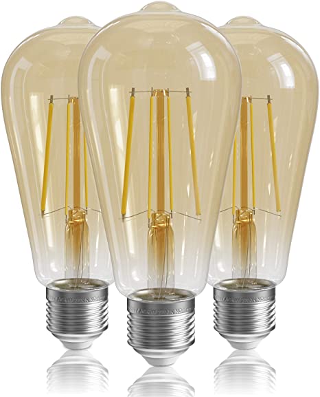 QNINE Warm White E27 Vintage Light Bulbs, 6W (60W Equivalent), LED Filament Bulb, 2700K, Non-Dimmable, 3-Pack