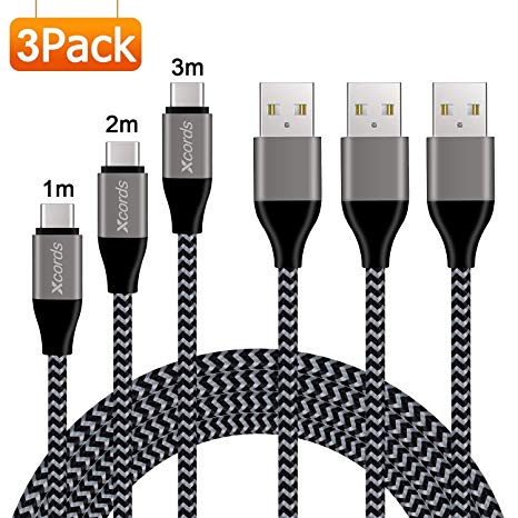 USB C Cable, Xcords USB C Cable 3Pack 1M 2M 3M USB C to A Nylon Braided Fast Charger Cord for Huawei Mate 20, 20 Pro, Honer V20, Galaxy Note 9, Note 8, S9, S9 Plus,S8,(Black)