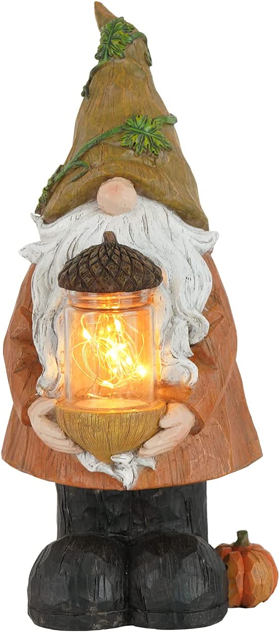 Garden Statue Gnome Figurine, LED Lights Resin Gnome Fall Decoration Funny Gnomes Lawn Ornaments Autumn Decor for Patio Yard Lawn Porch