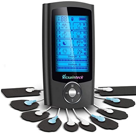 Tens and Powered Muscle Stimulator, 16 Modes Dual Channel TENS Unit TENS/PMS EMS Rechargable Electronic Pulse Massager Device for Pain Relief Therapy with 10 Pads