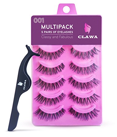 CLAWA Multipack 5 Pairs Fake Eyelashes with Stainless Tweezers, Pink