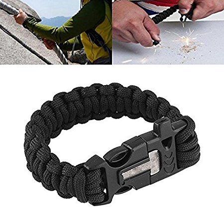 Relefree  9" Survival Paracord Bracelet Flint Fire Starter Scraper Whistle Buckle Gear Kits Tool Multifuction Outdoor Camping Hunting -- Black