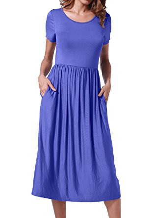 levaca Women's Plain Scoop Neck Pockets Pleated Loose Swing Casual Midi Dress