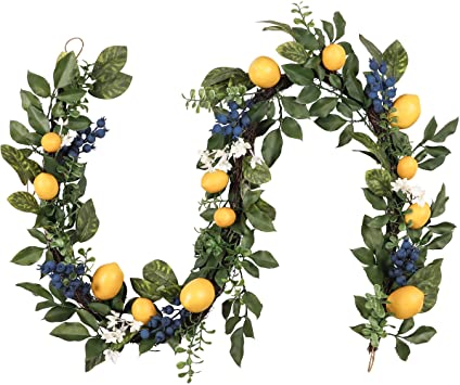 Valery Madelyn 6 Feet/72 Inch Spring Fruit Garland with Artificial Lemons, Blueberry and Green Leaves, Summer Fall Autumn Garland for Front Door, Wall and Home Decorations
