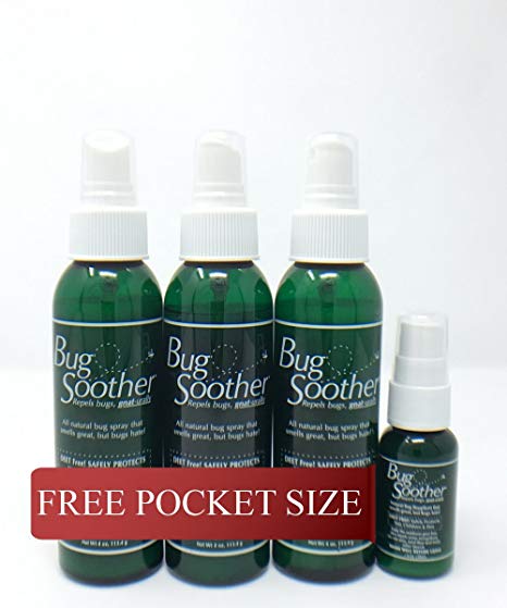 BUG SOOTHER Spray Bonus Pack - Includes FREE 1 oz. travel size. (3, 4 oz.) - Natural Mosquito, Gnat and Insect Deterrent with Essential Oils - Safe for Adults, Kids, Pets, Environment - Made in USA