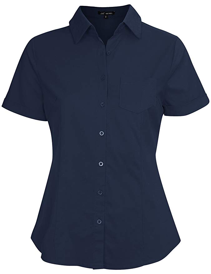 Michel Women's Slim Fit Button Down Shirt Basic Short Sleeve Blouse Shirts