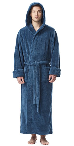 Arus Men's Fleece Robe, Long Hooded Turkish Bathrobe