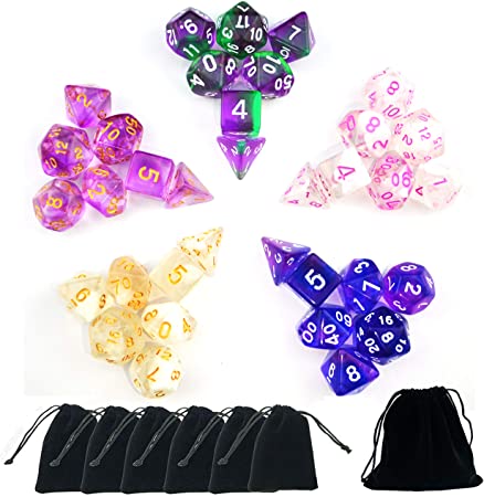 SmartDealsPro 5 x 7-Die Series Translucent Double Color Polyhedral Dice Sets for Dungeons and Dragons DND RPG MTG Table Board Games Dice with Free Pouches