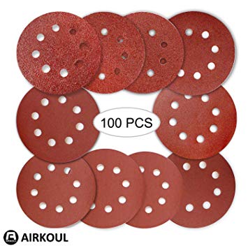 Airkoul 100PCS 5 inch 8 Hole Hook and Loop Round Sandpaper Discs Sanding Sheets Assorted 40 60 80 120 180 240 320 400 600 800 Grits for Power Random Orbit Sanders