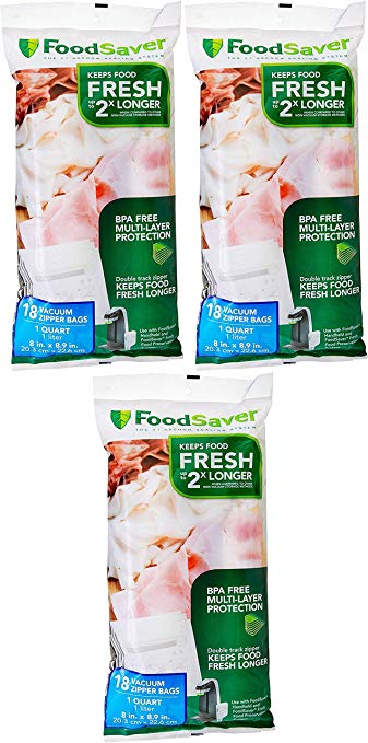 FoodSaver 1-Quart BPA-Free Multilayer Construction Vacuum Zipper Bags, 18 Count Pack of 3