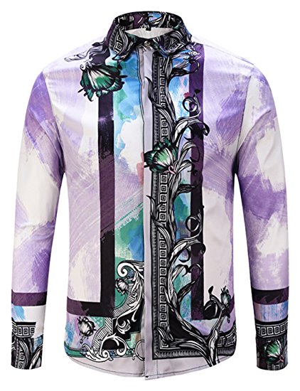 Pizoff Mens Long Sleeve Luxury Design Print Dress Shirt