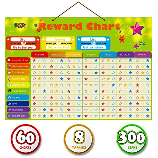 Magnetic Reward Behavior Star Chore Chart for One or Multiple Kids, Includes 8 Markers   60 Foam Backing Illustrated Chores   300 Stars in Red, Yellow, Blue. X- Large 17X12 inch. Hanging Loop READY!