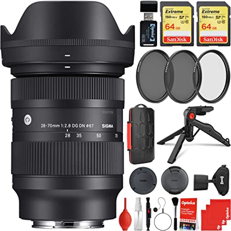 Sigma 28-70mm f/2.8 DG DN Contemporary Lens Sony E-Mount Bundle with 2X 64GB Extreme Memory Cards, 3 Piece Filter Kit, Wrist Strap, Card Reader, Memory Card Case, Tabletop Tripod