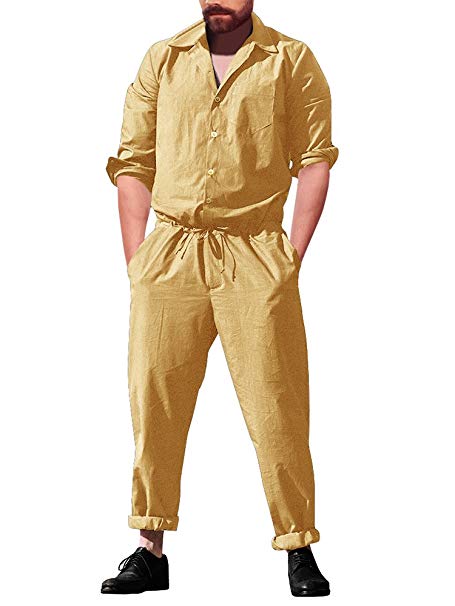 Gtealife Mens Long Sleeve Rompers Button Down Front Pockets Slim Fit Shirt Drawstring Shorts Casual Jumpsuit
