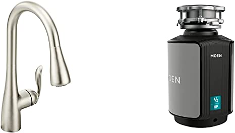 Moen Riley Spot Resist Stainless Pull-Down Spray High-Arc Kitchen Faucet, 7402SRS Bundle with Moen GX50C Prep Series 1/2 HP Continuous Feed Garbage Disposal with Sound Reduction, Black