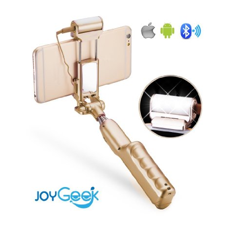Selfie Stick with Mirror, Light and Bluetooth, JoyGeek Selfie Monopod with Build-in Bluetooth Remote Shutter, Rear Mirror and Fill Light for iPhone, Samsung, all Android Phones (Gold)
