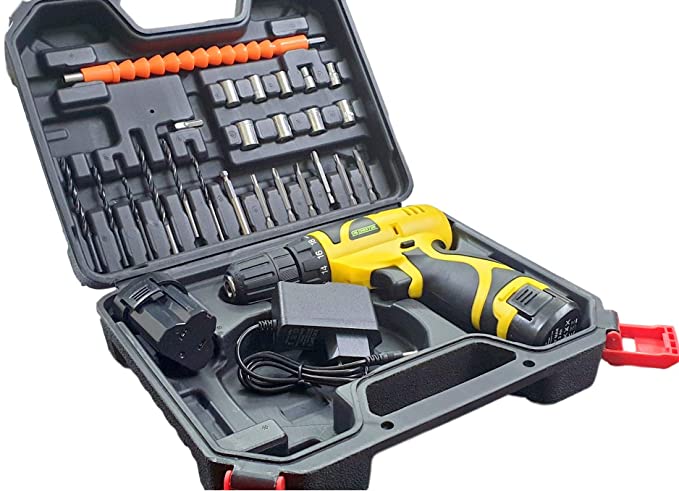 Cheston Cordless Drill Driver Kit with 24 accessories for Drilling and Screwdriver Keyless Chuck with 2 batteries LED torch Reversible Variable Speed and Torque Setting (Yellow, 10 mm, 19 with 1)