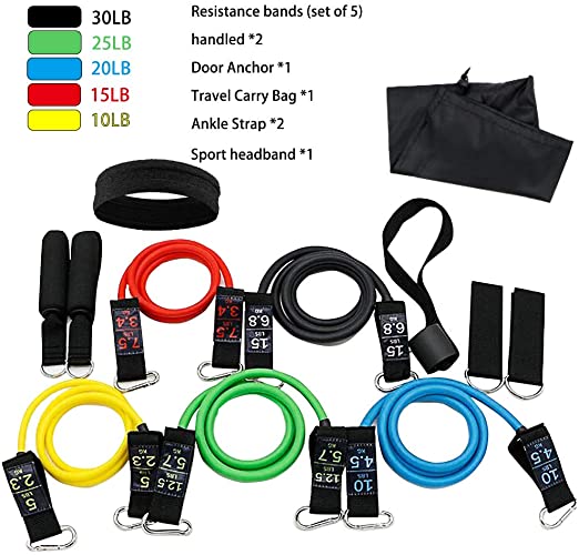 Lixinsunbu Resistance Bands Set (12 pcs) Exercise Bands with Handled,Door Anchor,Ankle Strap,Travel Carry Bag,Sport Headband