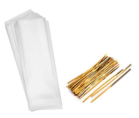 150 Cellophane Pretzel Candy Bags - Clear Long Candy Treat Bags For Birthday Favor Pretzel Icy Candy Popsicle (2 X 10 Inches), With Gold Twist Tie (6 Inches)