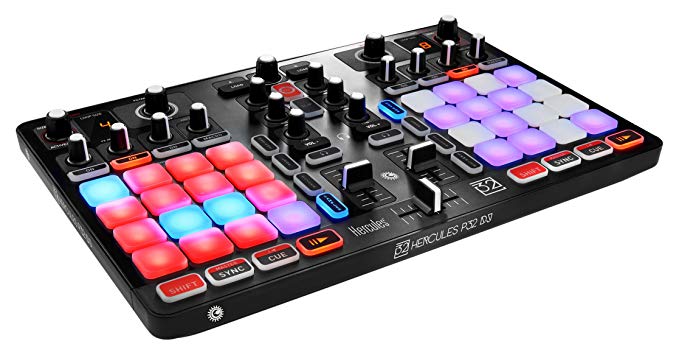 Hercules P32 DJ: the unique two-deck USB controller with a built-in audio interface and 32 pads, for easy creative mixing and remixing
