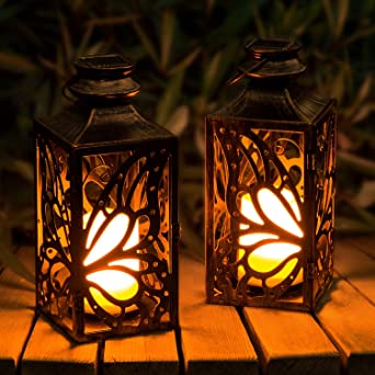 Solar Lantern,OxyLED 2 Pack Flickering Solar Candle Garden Lamps Hanging Butterfly Lantern IP44 Waterproof LED Solar Deco Landscape Lighting for Patio Backyard Pathway Warm White