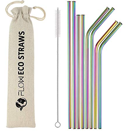 Reusable Rainbow Metal Drinking Straws, Deluxe Drinks Cocktail Straws with Rounded Sipping Ends, Scratch Proof Rust Proof Bar/Restaurant Multi Coloured Iridescent Straw Set by Flow Barware