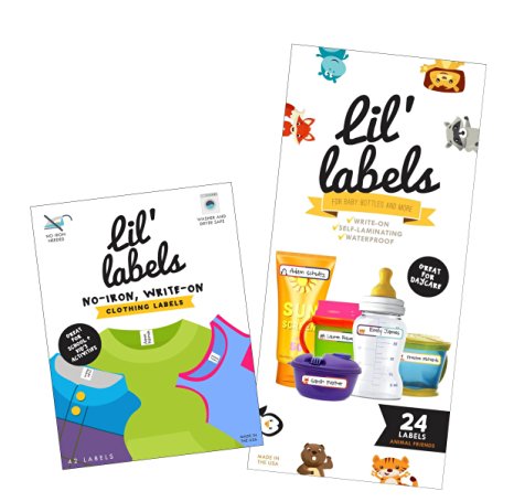 Lil' Labels Daycare Value Pack Write on Name Labels, Waterproof, Baby Bottle Labels (Animal Friends) & Clothing Labels, Plus 2 Bonus Gifts