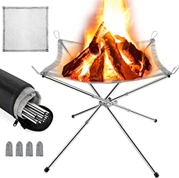 MojiDecor Tragbare Feuerschalen, Camping Faltbare Edelstahl Feuerkorb, Rostfreier Stahl Mesh Kamin, Outdoor Firepit für Draußen, Patio, Camping, Grill, Garten, Hinterhof