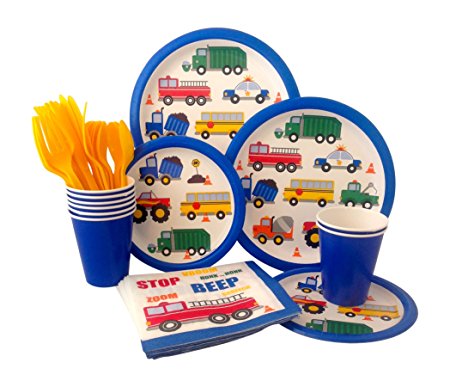 Cars &Trucks Birthday Party Supply Pack! Bundle Includes Paper Plates, Napkins, Cups & Silverware for 8 Guests