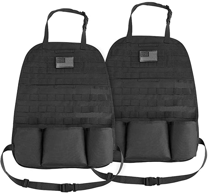 JOYTUTUS Car Seat Back Organizer, 2 Pack Universal Molle Seat Back Organizer, Tactical Molle Vehicle Panel Car Seat Cover Protector Compatible with Wrangler SUV Truck with 3 Storage Pouch - Black