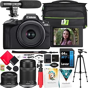 Canon EOS R50 Mirrorless Camera Body with 2 Lens Kit RF-S 18-45mm is STM and RF-S 55-210mm is STM 5811C022 Bundle with Deco Gear Photography Bag   Microphone   Tripod   Software & Accessories Kit