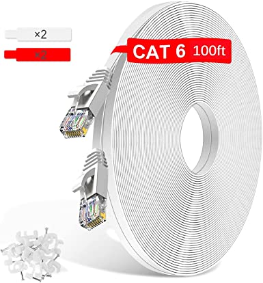 Cat6 Gigabit Ethernet Cable 100 ft High Speed White, Super Fast, Flat Internet Cable 100ft with 20 Nails - Extra Long Cat 6 Slim Computer Network LAN Patch Cord 30M for Laptop, Gaming, Xbox