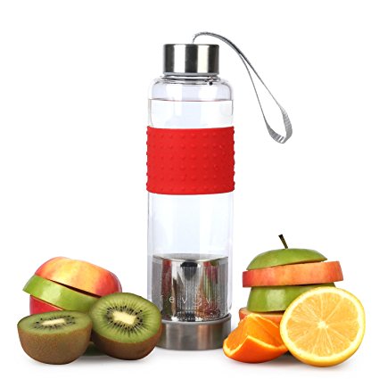 Infuser Glass Water Bottle 17 Ounce - Fruit and Tea Infusion - Great For Cold Brew Coffee