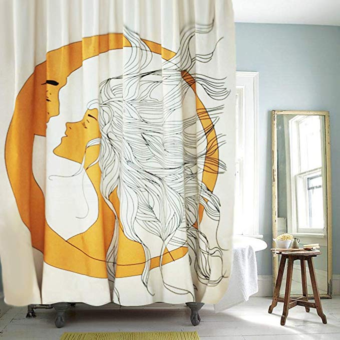 YoKii Zodiac Fabric Shower Curtain, Antique Apollo Celestial Sun and Moon Lover Fractal Faces Polyester Bath Curtain Set, 72-Inch Spa Hotel Heavy Weighted Bathroom Decor Curtains