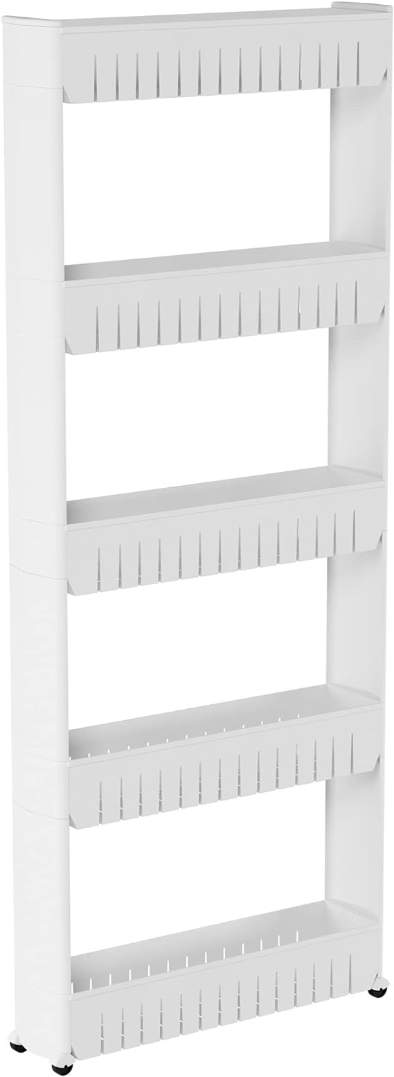 Lavish Home 5-Tier Slim Slide Out Storage Tower with Wheels 5" L x 5" W x 52" H White Set of 1